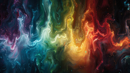 Wall Mural - Swirls of vibrant colors create a mesmerizing abstract representation of a nebula, showcasing hues of blue, green, yellow, orange, and red against a cosmic black background.