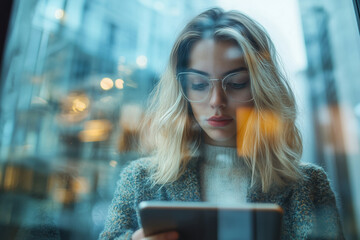 Aufkleber - A focused businesswoman engaged with her tablet in a modern office building during a productive workday, deep in thought