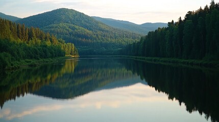 Wall Mural - A serene river flows through a lush green valley, reflecting the surrounding hills and clouds in its still waters.