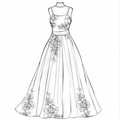 coloring page, cartoon style, party floral long dress, clean lines, no shadows