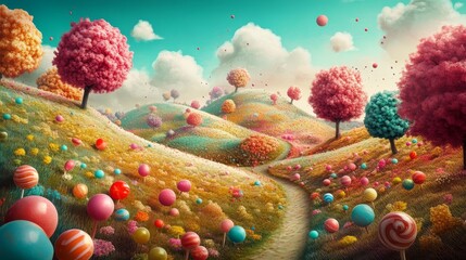 Candyland Dreamscape A whimsical landscape with colorful trees, lollipop flowers and a winding path through a field of dreams, digital art, fantasy, whimsical, candyland, lollipop