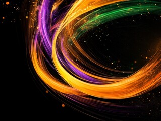 Wall Mural - Cosmic Swirls of Gold, Purple, and Green Abstract Light Trails on Black Background, abstract art, light trails, galaxy