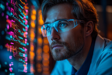 Poster - a biomedical researcher analyzing crispr-edited genes with state-of-the-art software. concept of gen
