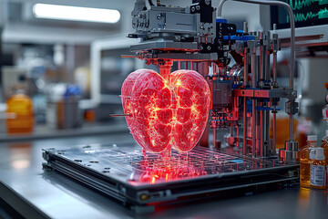 Poster - A 3D-printed organ model being studied in a lab. Concept of breakthroughs in biomedical research.