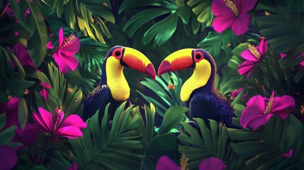 Wall Mural - Tropical Toucans in Love, Lush Green Foliage, Pink Flowers, Digital Art, Toucan, Rainforest, Jungle