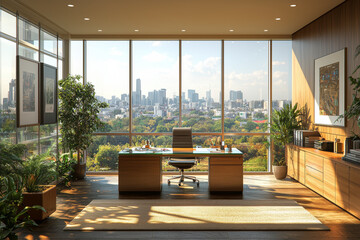 Poster - An empty glass office cubicle with a single, neatly organized desk and a view of a serene cityscape, capturing the calm and efficiency of modern workspaces.