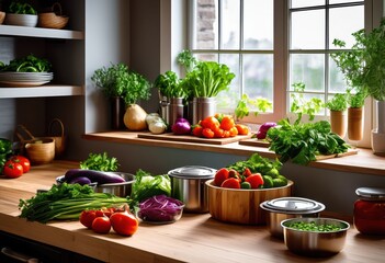 allergen free meal prep colorful inviting kitchen environment fresh ingredients organized spaces, vibrant, healthy, cooking, vegetables, fruits, containers