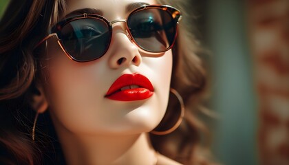 Confident young woman in sunglasses and red lipstick gazing away with elegance and poise