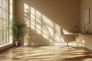 Poster - A minimalist workspace with a lone chair and a clean desk, emphasizing simplicity and efficiency in business settings.