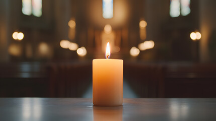 Lit Candle with Church in the Background | Serene Spiritual Atmosphere and Religious Symbolism