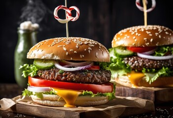 Wall Mural - vibrant burger loaded fresh ingredients including crisp juicy sliced zesty sauces flavorful experience, lettuce, tomato, onion, cheese, pickle, bun, meat