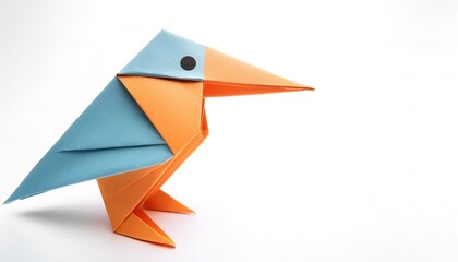 Wall Mural - Animal concept paper origami of a common, Eurasian or river kingfisher - Alcedo ispida - has blue green upper parts, orange underparts and a long bill - isolated on white background with copy space