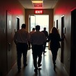 © Nahid - Calm Office Worker Leading Group to Emergency Exit During Fire Drill – Wide Angle View of Safe Evacuation with Exit Sign