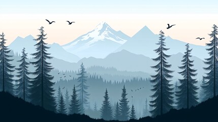 Wall Mural - A panoramic view of a snow-capped mountain range with a forest in the foreground, and birds flying overhead.