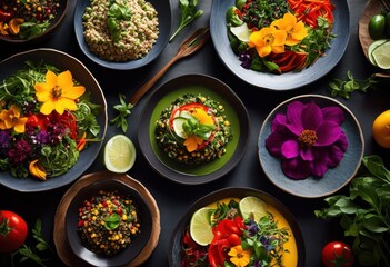 colorful plant based dishes displayed variety textured backgrounds showcasing fresh ingredients culinary creativity, artistic, arrangement, appetizing, bowl