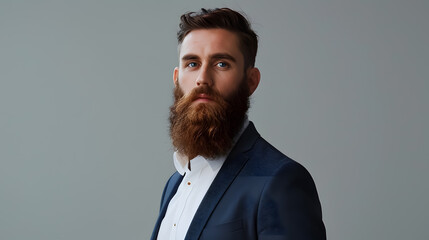 Studio portrait of full-bearded well-dressed young business man looking in the camera