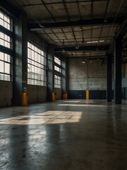 Wall Mural - Spacious industrial interior with polished concrete floor and dramatic lighting.