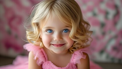 Wall Mural - Joyful blonde girl in a pink dress with sparkling blue eyes, radiating happiness and innocence