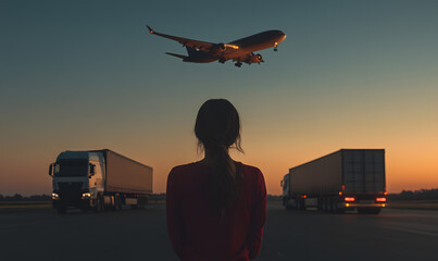 Canvas Print - Business Woman in Red Shirt with Night View of Road and Air Transport | Urban Travel and Professional Scene