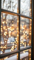 Sticker - An open window reveals a snowy landscape adorned with Christmas lights and decorated trees, creating a warm and inviting atmosphere on a winter evening