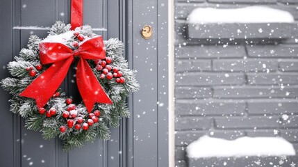 Sticker - An open window reveals a snowy landscape adorned with Christmas lights and decorated trees, creating a warm and inviting atmosphere on a winter evening