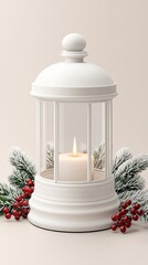 Sticker - A white lantern glows softly with a candle inside, accented by red berries and pine branches, set against a wintery scene of snow-covered foliage.