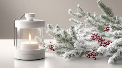 Wall Mural - A white lantern glows softly with a candle inside, accented by red berries and pine branches, set against a wintery scene of snow-covered foliage.