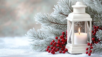 A white lantern glows softly with a candle inside, accented by red berries and pine branches, set against a wintery scene of snow-covered foliage.