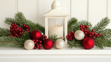 Wall Mural - A white lantern glows softly with a candle inside, accented by red berries and pine branches, set against a wintery scene of snow-covered foliage