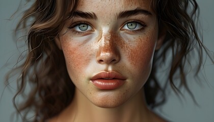 Wall Mural - realistic portrait with detailed skin texture, visible freckles, enhanced light and shadows for depth, and overall improved image quality