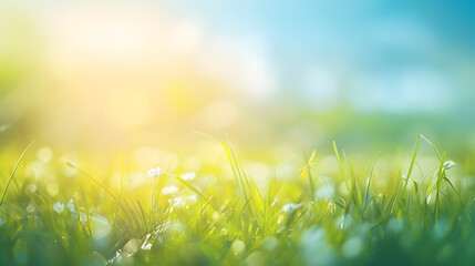 sunny spring meadow blur background; gradient from blue sky to green grass.