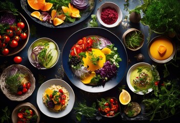 vibrant food visuals featuring diverse tasty dishes colorful ingredients artistic presentation, appetizer, entree, dessert, plating, texture, style, culinary