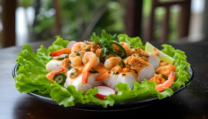 Wall Mural - Vibrant ceviche platter featuring fresh fish and shrimp on a bed of lettuce, drizzled with zesty aji amarillo sauce