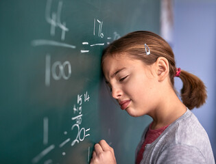 Aufkleber - Kid, blackboard and girl in classroom, frustrated and stress with thinking, depression and anxiety. School, student and writing with autism, learning and lazy with tears, sad and emotion with anger