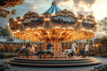 Poster - A whimsical carousel with different business tools as horses, symbolizing the variety of tasks in corporate life. Concept of work variety.
