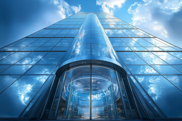 Poster - A skyscraper with a revolving door that leads to different business sectors, symbolizing career changes and job transitions. Concept of career flexibility.