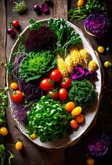 Wall Mural - colorful plant based dish displayed rustic wooden emphasizing fresh ingredients culinary artistry, arrangement, table, food, vibrant, vegetables, fruits