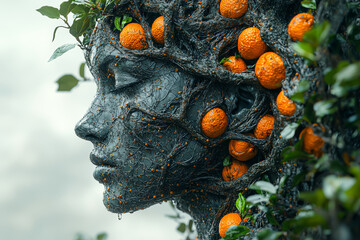 Poster - A person with a tree growing out of their head, but the tree is bearing fruit made of plastic, highlighting the disconnect between nature and artificiality.