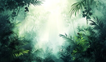 Wall Mural - Serene Tropical Forest With Sunlight Filtering Through Lush Greenery