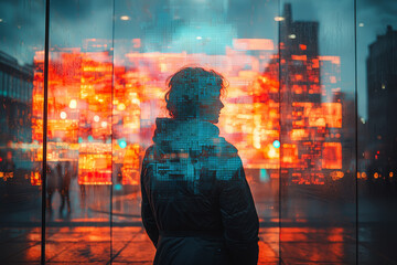 Poster - a person standing in front of a mirror, but the reflection is pixelated and distorted, showing how t