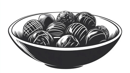 Wall Mural - Bowl filled with mixed chocolate truffles, emphasizing range of fillings, sweet illustration art