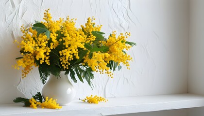 Wall Mural - Bright mimosa bouquet in a white vase on a shelf against a clean white wall, capturing the essence of spring with vibrant yellow blooms