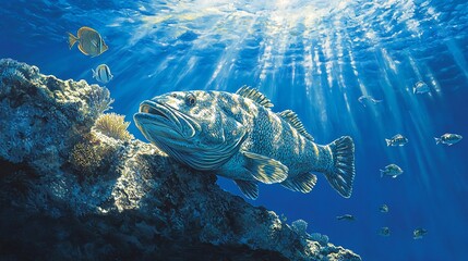 Canvas Print - A large grouper fish swims through a coral reef in clear blue water with sunlight shining through the surface.