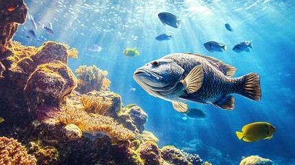 Wall Mural - A large fish swims through a vibrant coral reef, sunlight streaming through the water.