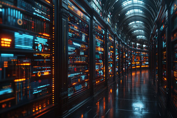 Aufkleber - A library with books that emit glowing graphs and charts when opened, showcasing the knowledge and data essential for business success. Concept of information.
