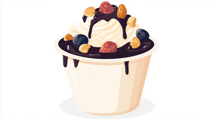 Canvas Print - Frozen yogurt in a cup topped with assorted nuts and a drizzle of fruit sauce, sweet illustration