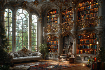Poster - a library styled as a castle's library, with towering bookshelves, a rolling ladder, and a cozy read