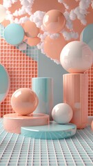 Poster - Abstract 3D Pastel Background With Geometric Shapes and Clouds