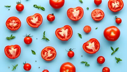 Wall Mural - Fresh half tomato frame on light blue background, creating a colorful and vibrant pattern for culinary or design inspiration