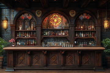 Poster - A home bar transformed into a medieval alehouse, with period-inspired decor and vintage barware, showcasing a historical atmosphere. Concept of enjoyment.